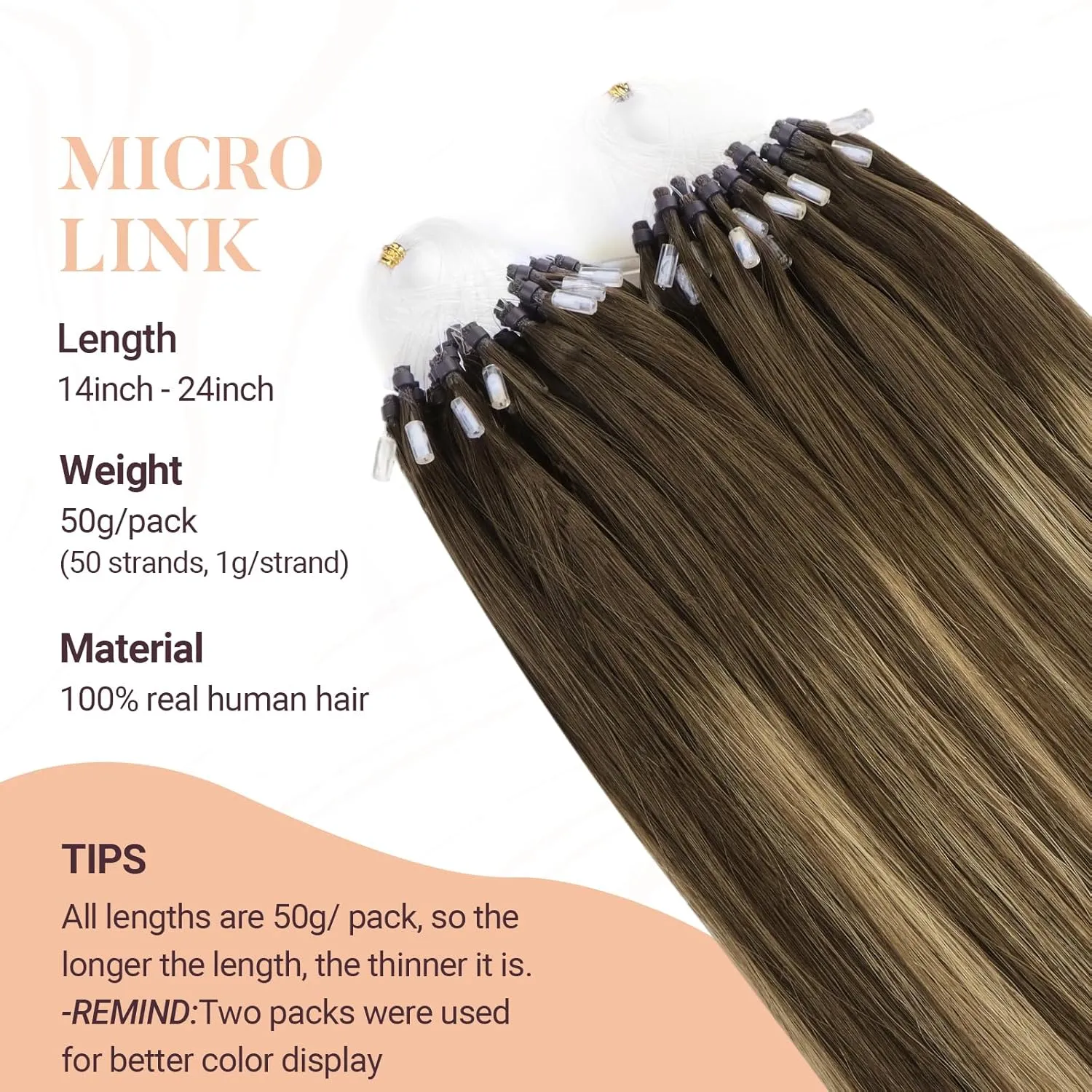 MAXITA Microlink Hair Extensions Human Hair Balayage Dark Brown Mixed Chestnut Brown Micro Bead Hair Extensions Virgin Human Hair, 50g/50 Strands/Pack, 24 In