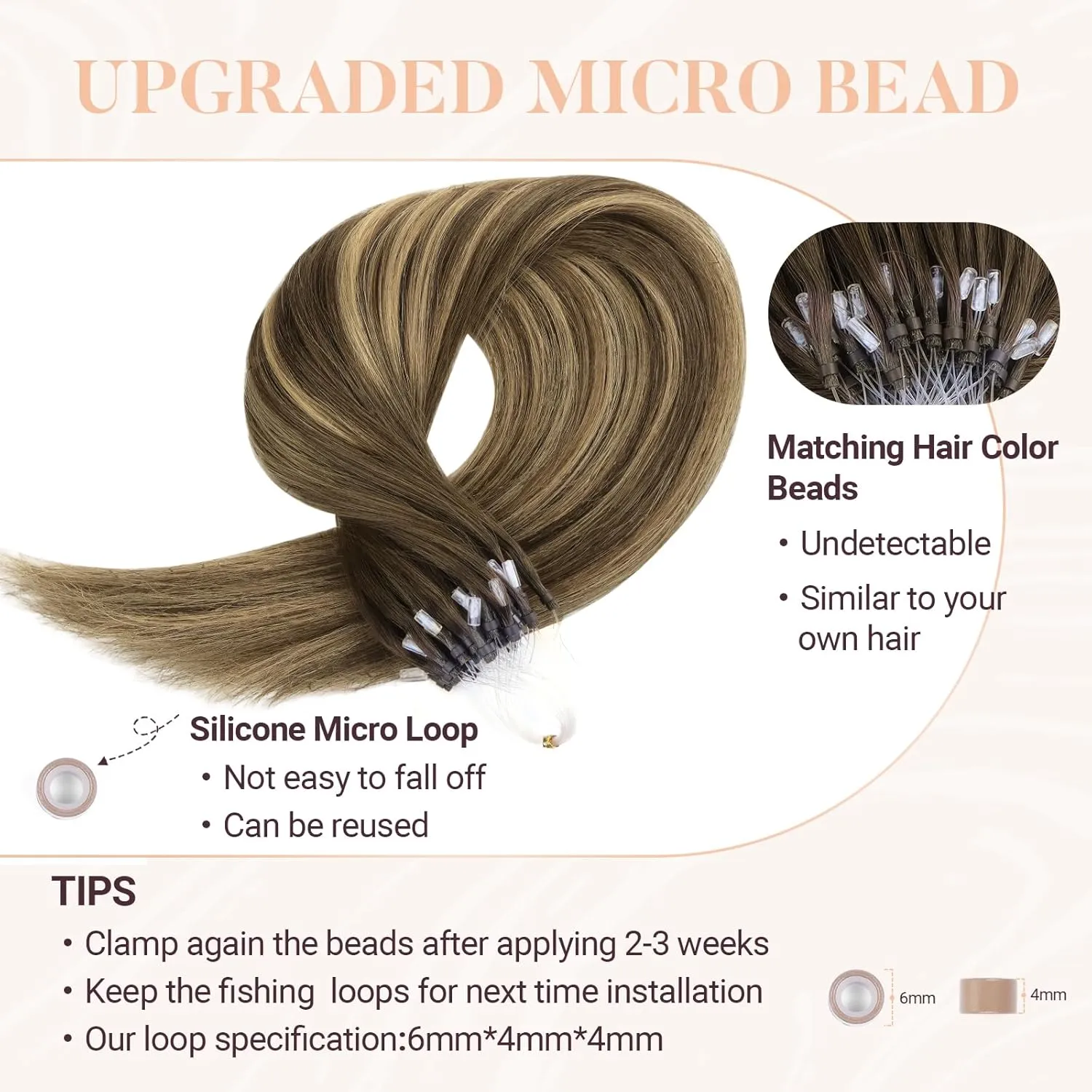 MAXITA Microlink Hair Extensions Human Hair Balayage Dark Brown Mixed Chestnut Brown Micro Bead Hair Extensions Virgin Human Hair, 50g/50 Strands/Pack, 24 In