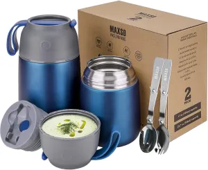 MAXSO 2 Pack Soup Thermo for Hot & Cold Food for Kids Adults, Vacuum Insulated Food Jar Thermal Lunch Containers, Travel Food Flask with Spoon (24 oz,17 oz) (Dark Blue)