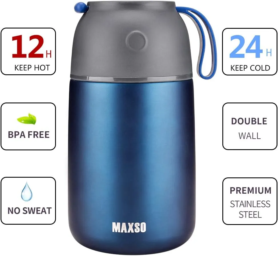 MAXSO 2 Pack Soup Thermo for Hot & Cold Food for Kids Adults, Vacuum Insulated Food Jar Thermal Lunch Containers, Travel Food Flask with Spoon (24 oz,17 oz) (Dark Blue)