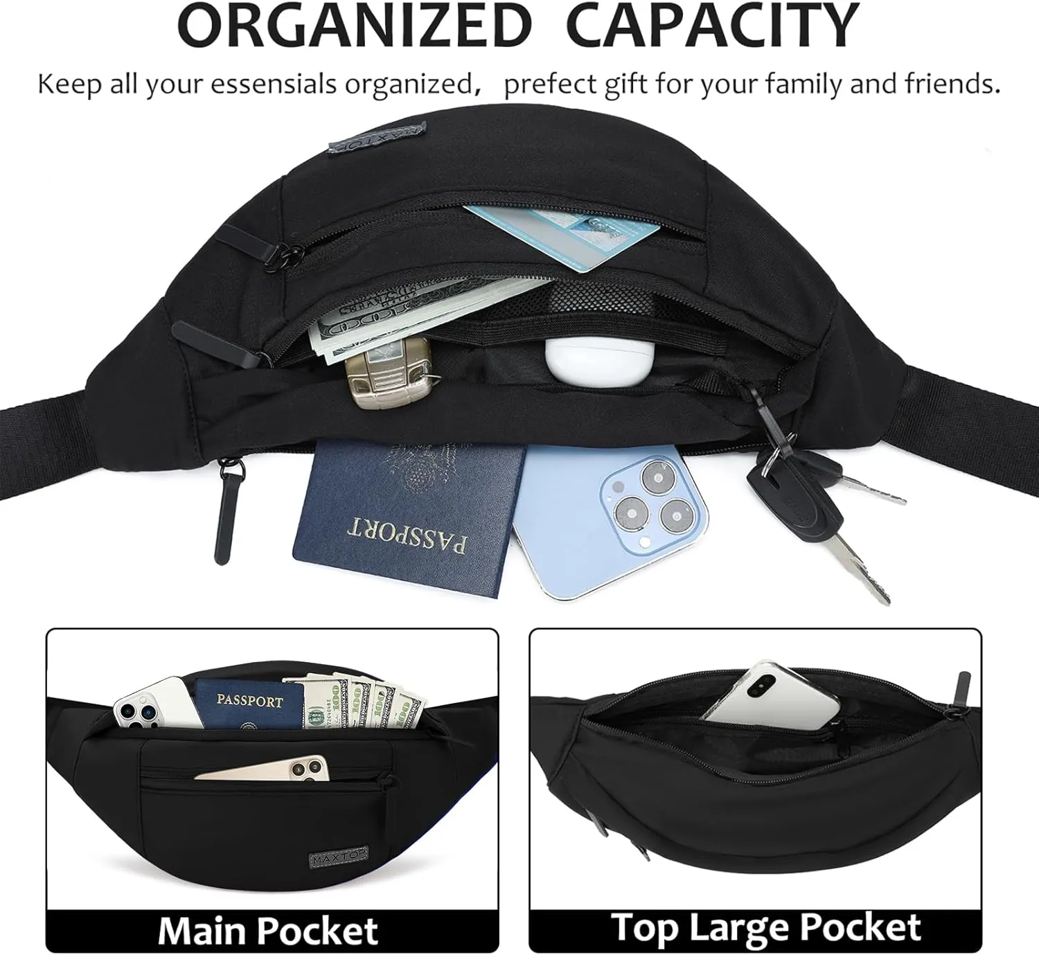 MAXTOP Large Crossbody Fanny Pack Waist Pack with 4-Zipper Pockets Hiking Travel Essentials for Women Men Belt Bag, for Hiking Running Travel Cycling,Black