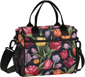 MCHIVER Red Tulip Flowers Leave Insulated Lunch Bag for Women Men Reusable Lunch Box Leakproof Cooler Bag Cooling Bags for Girls Boys 11.4 * 6.2 * 11.8 In