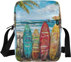 MCHIVER Small Messenger Bag Blue Beach Surfboards Palm Crossbody Bag for Men Women Cell Phone Pouch Purse for Cycling Hiking Running