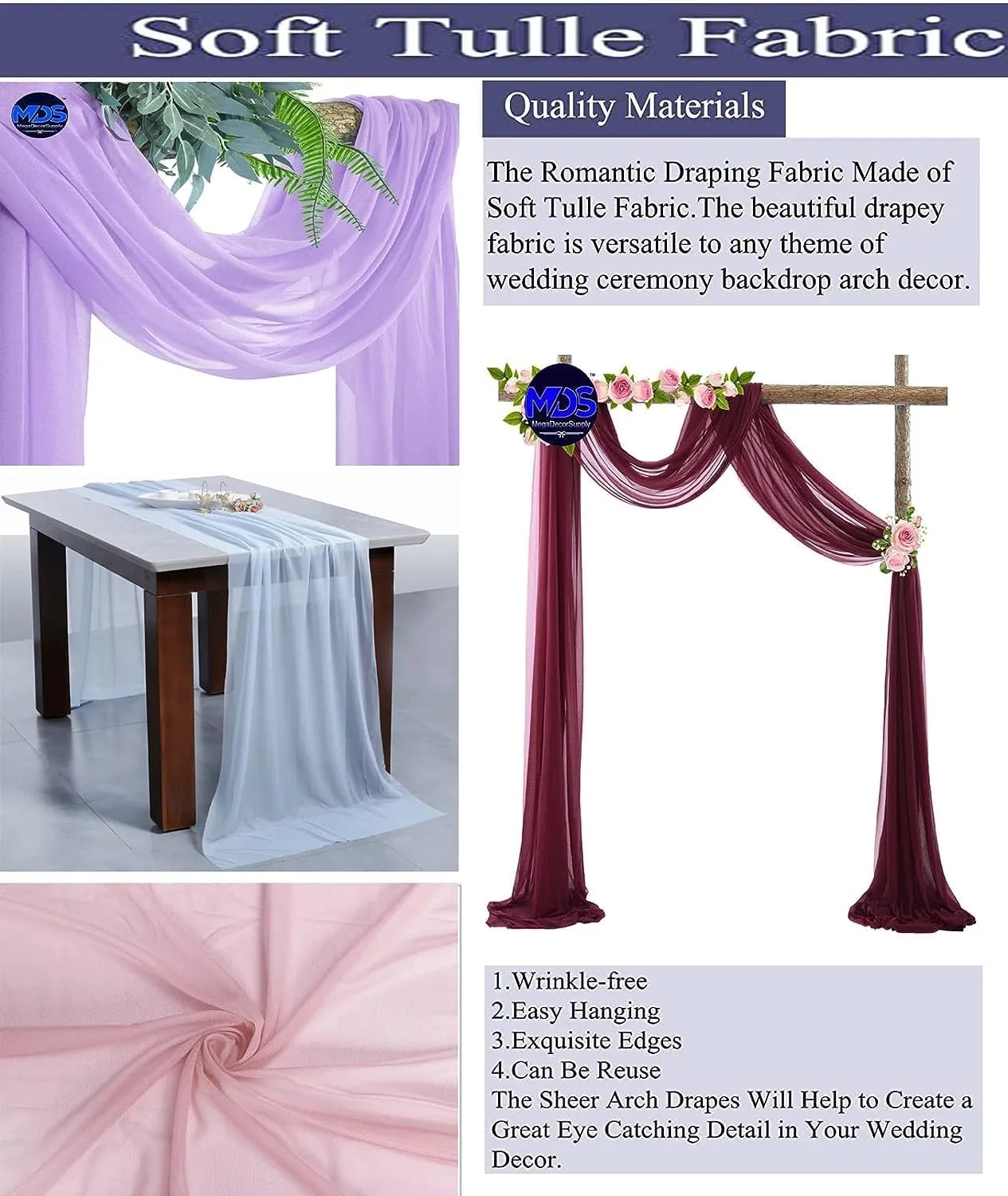 MDS Pack of 5 Yard Wedding Arch Draping Drapery Fabric Sheer Chiffon Fabric for Wedding Ceremony Reception Swag and Backdrop Decorations 60” Width DIY Sewing Multipurpose Fabric - Red