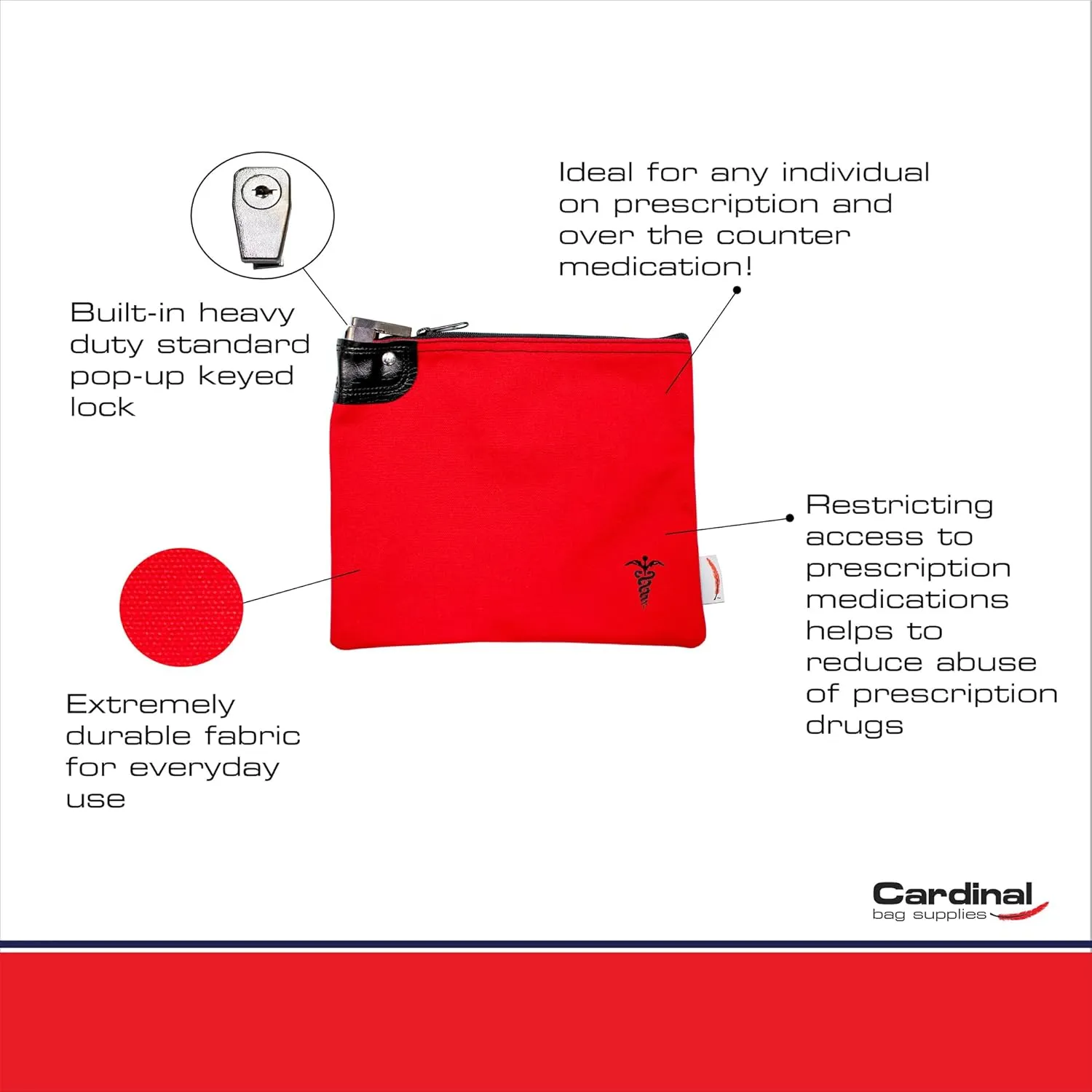 Medication Organizer Key Lock Bag, Travel Pill Organizer, Heavy Duty Medicine Lock System, Pill Pouch, 8 x 10 Inch (Red)