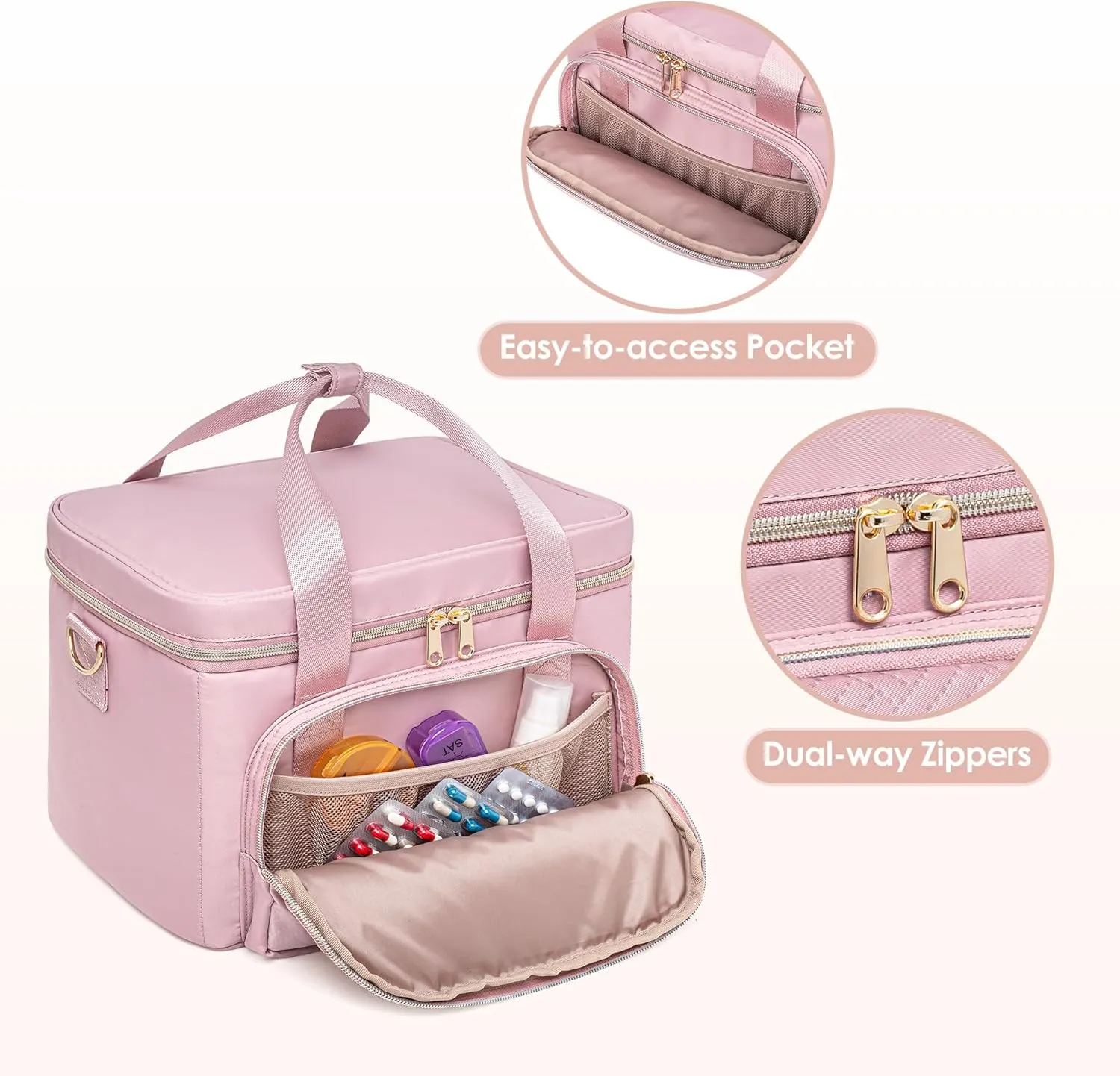 Medicine Storage Bag with 2 Medical Bags, Pill Bottle Organizer Bag Empty First Aid Bag for Travel, Home Healthcare, Pink(Empty Bag Only)