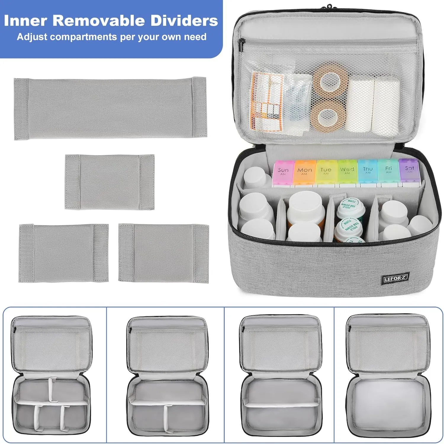 Medicine Storage Bag,Double Layers Pill Bottle Organizer Bag Empty with Lockable Zipper&Adjustable Divider,Medication Travel Carrying Bag for Pills,Vitamins,Medical Supplies,Grey