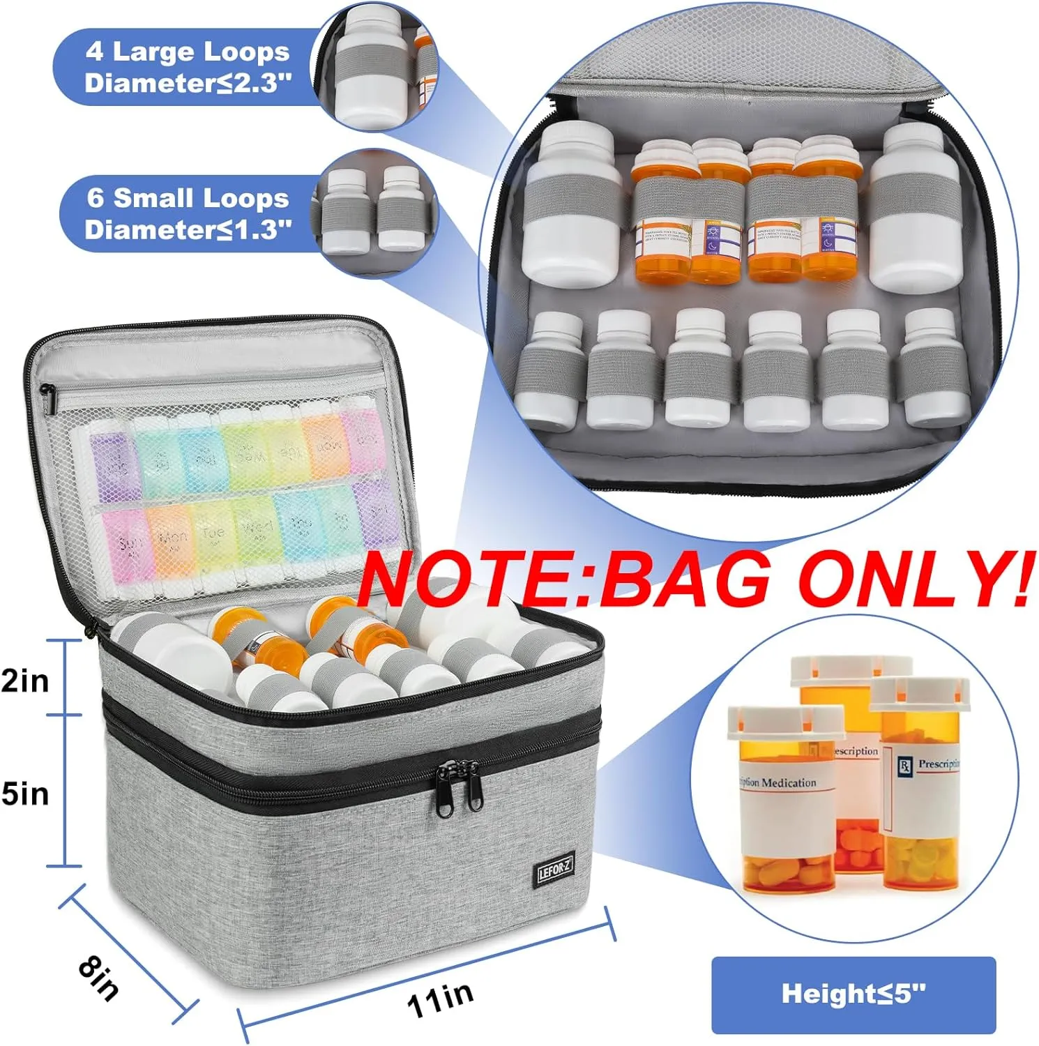 Medicine Storage Bag,Double Layers Pill Bottle Organizer Bag Empty with Lockable Zipper&Adjustable Divider,Medication Travel Carrying Bag for Pills,Vitamins,Medical Supplies,Grey