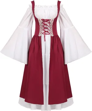 Medieval Costume for Womens Trumpet Sleeve Irish Dresses with Corset Traditional Vintage Gothic Cosplay Mini Bodycon