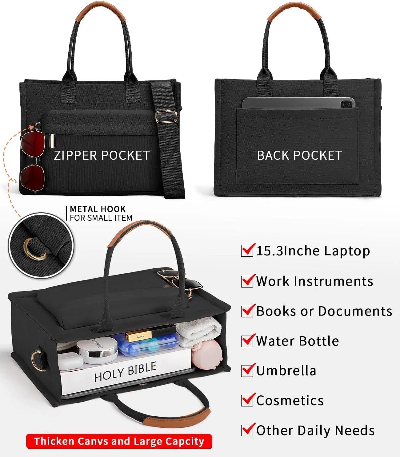 Medium Canvas Tote Bag for Women, Womens Tote Bag for School Bags Travel Crossbody Purse With Zipper Pocket