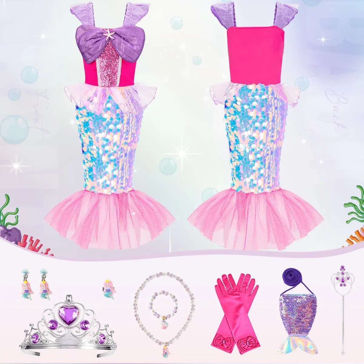 Meland Mermaid Dress - Little Mermaid Costume with Bag for Girls 3-8, Birthday Gift