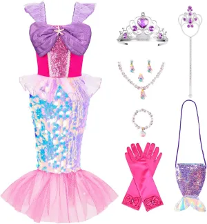 Meland Mermaid Dress - Little Mermaid Costume with Bag for Girls 3-8, Birthday Gift