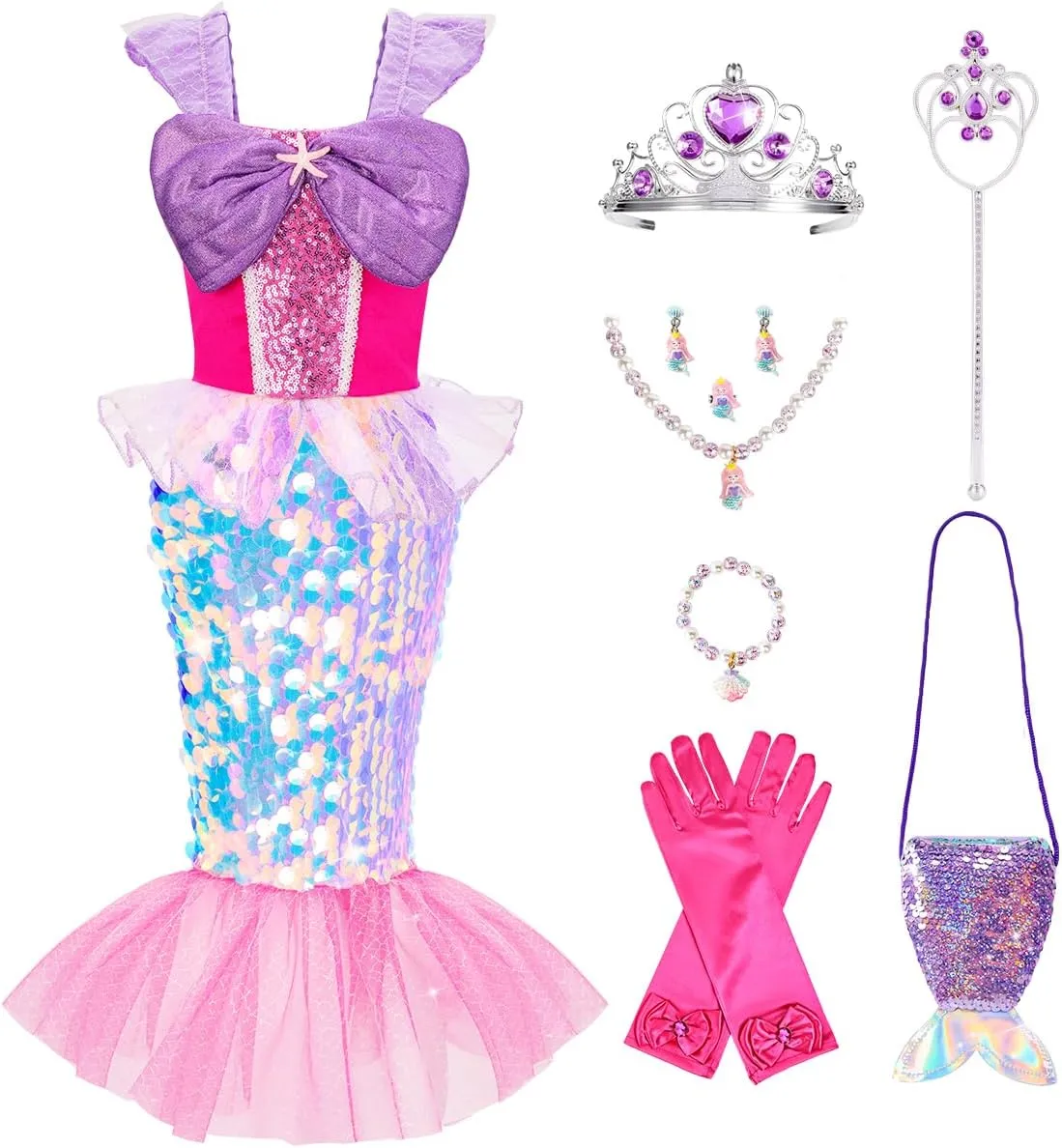 Meland Mermaid Dress - Little Mermaid Costume with Bag for Girls 3-8, Birthday Gift