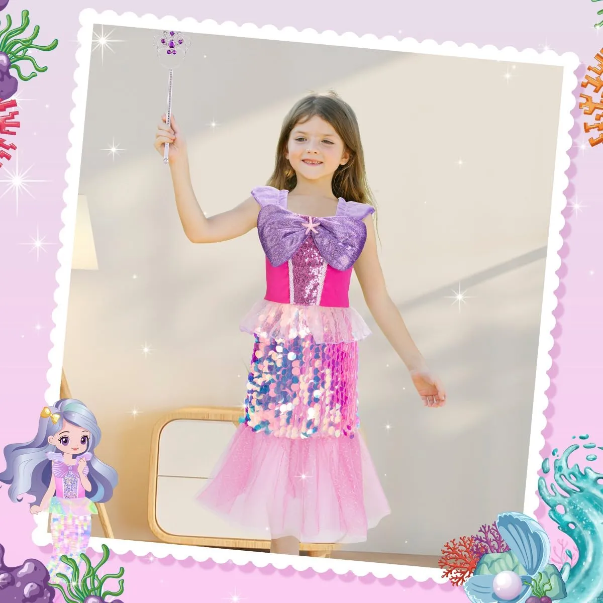 Meland Mermaid Dress - Little Mermaid Costume with Bag for Girls 3-8, Birthday Gift