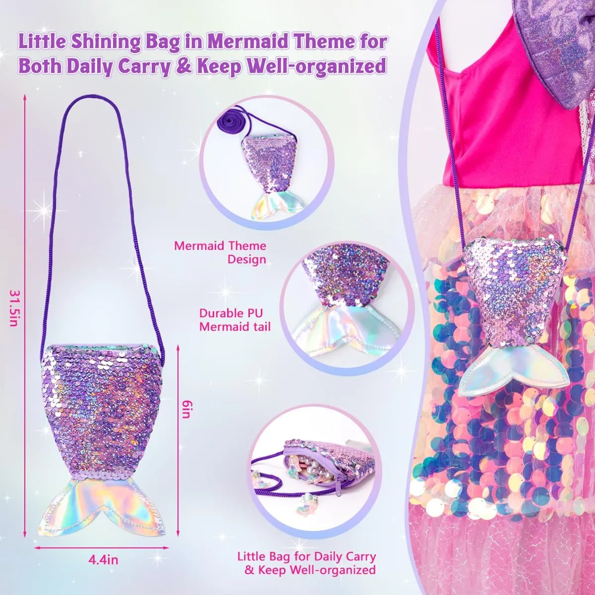 Meland Mermaid Dress - Little Mermaid Costume with Bag for Girls 3-8, Birthday Gift