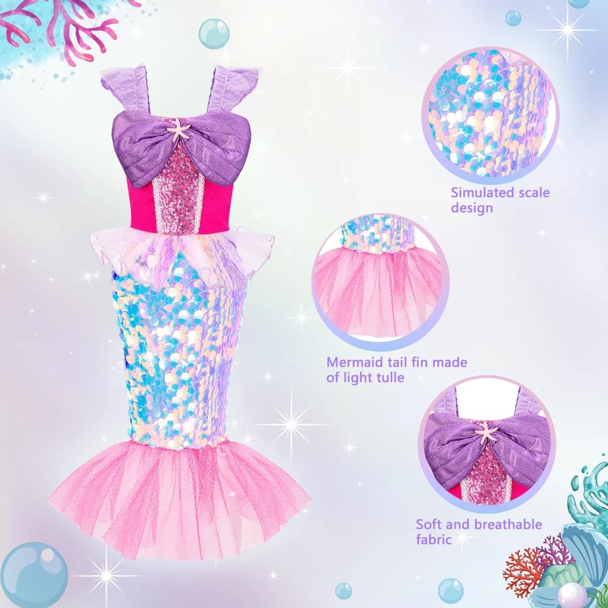 Meland Mermaid Dress - Little Mermaid Costume with Bag for Girls 3-8, Birthday Gift