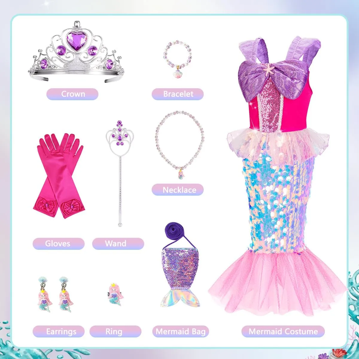 Meland Mermaid Dress - Little Mermaid Costume with Bag for Girls 3-8, Birthday Gift