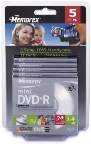 Memorex Mini DVD-R 8cm, 1.4GB Disc, with Jewel Box, 5 Pack