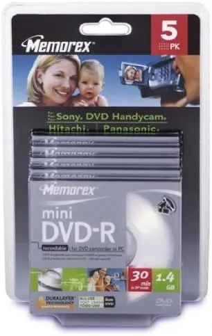 Memorex Mini DVD-R 8cm, 1.4GB Disc, with Jewel Box, 5 Pack