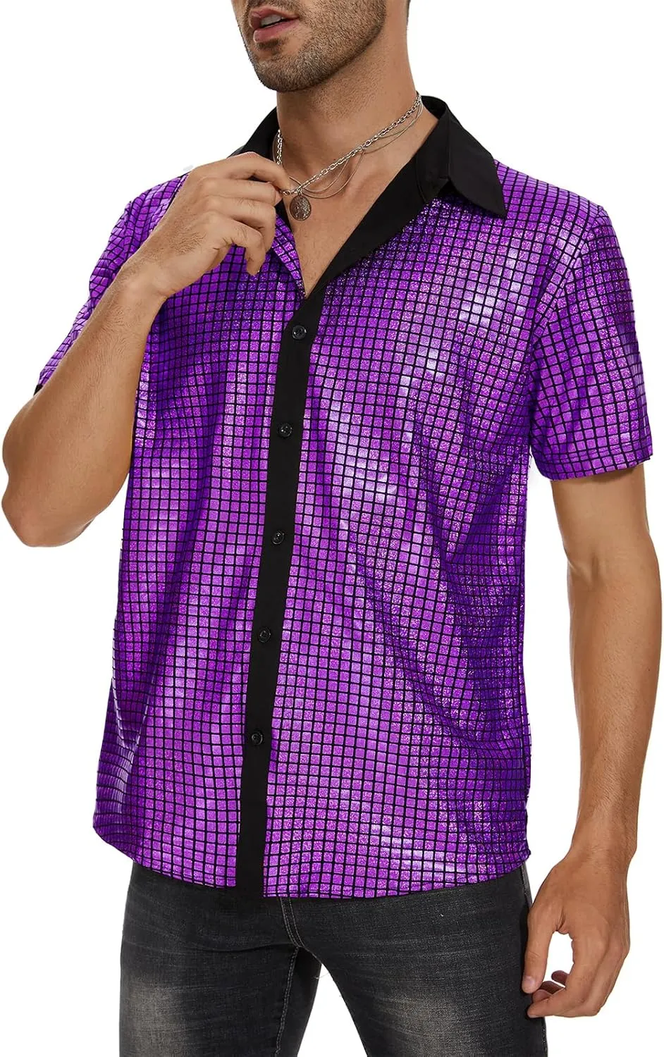 Mens 70S Disco Outfits Sequin Shirt Short Sleeve Button Down Shirts Party Novelty Shirts Nightclub Christmas Prom Costume
