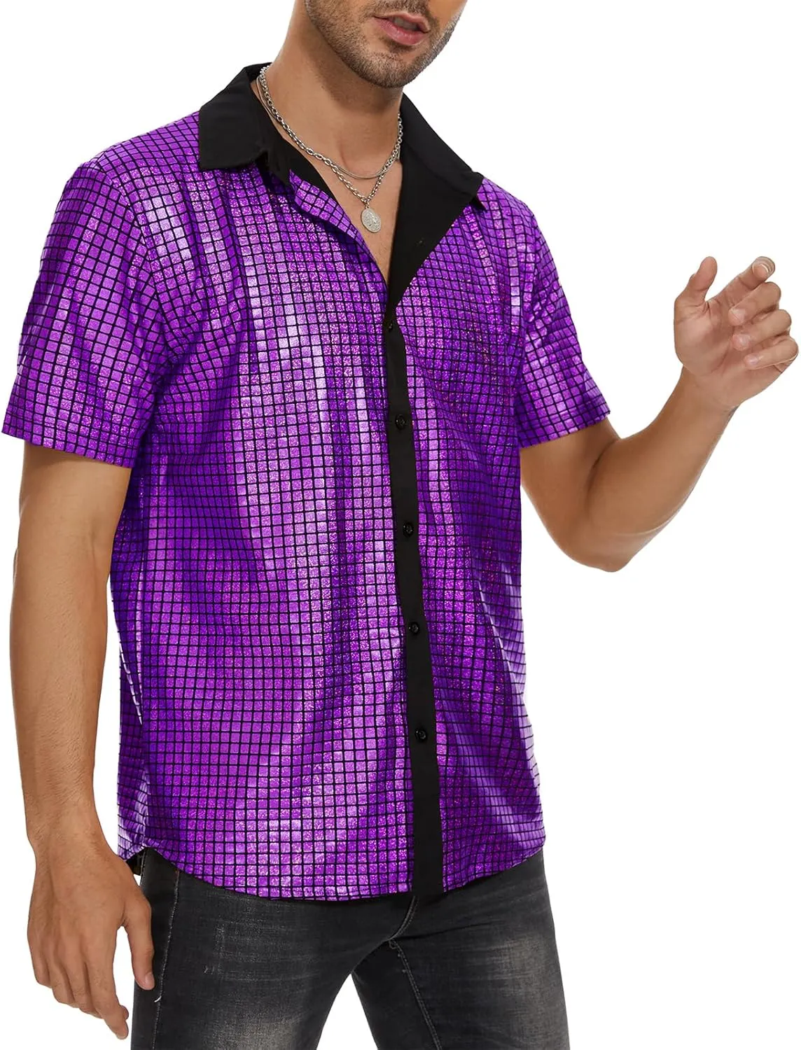 Mens 70S Disco Outfits Sequin Shirt Short Sleeve Button Down Shirts Party Novelty Shirts Nightclub Christmas Prom Costume