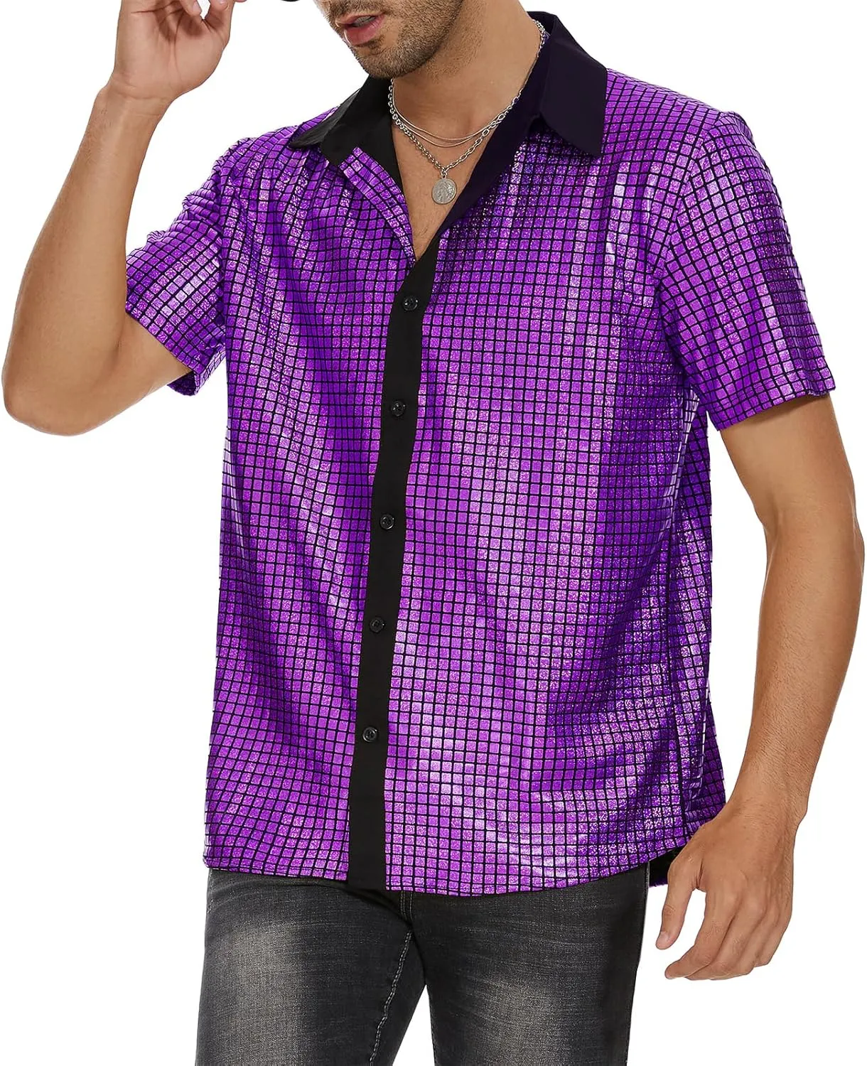 Mens 70S Disco Outfits Sequin Shirt Short Sleeve Button Down Shirts Party Novelty Shirts Nightclub Christmas Prom Costume