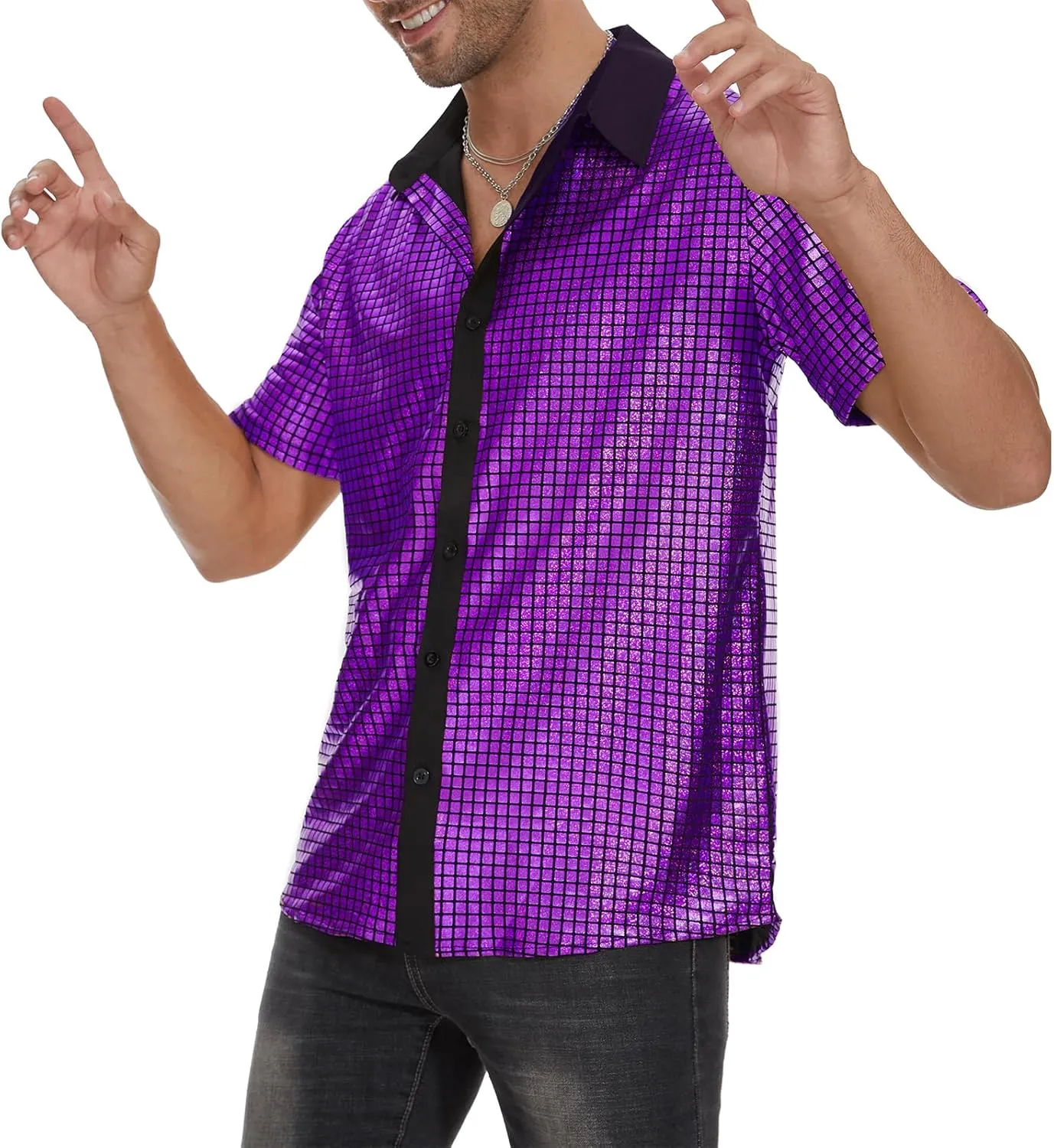 Mens 70S Disco Outfits Sequin Shirt Short Sleeve Button Down Shirts Party Novelty Shirts Nightclub Christmas Prom Costume