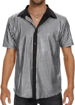 Mens 70S Disco Outfits Sequin Shirt Short Sleeve Button Down Shirts Party Novelty Shirts Nightclub Christmas Prom Costume