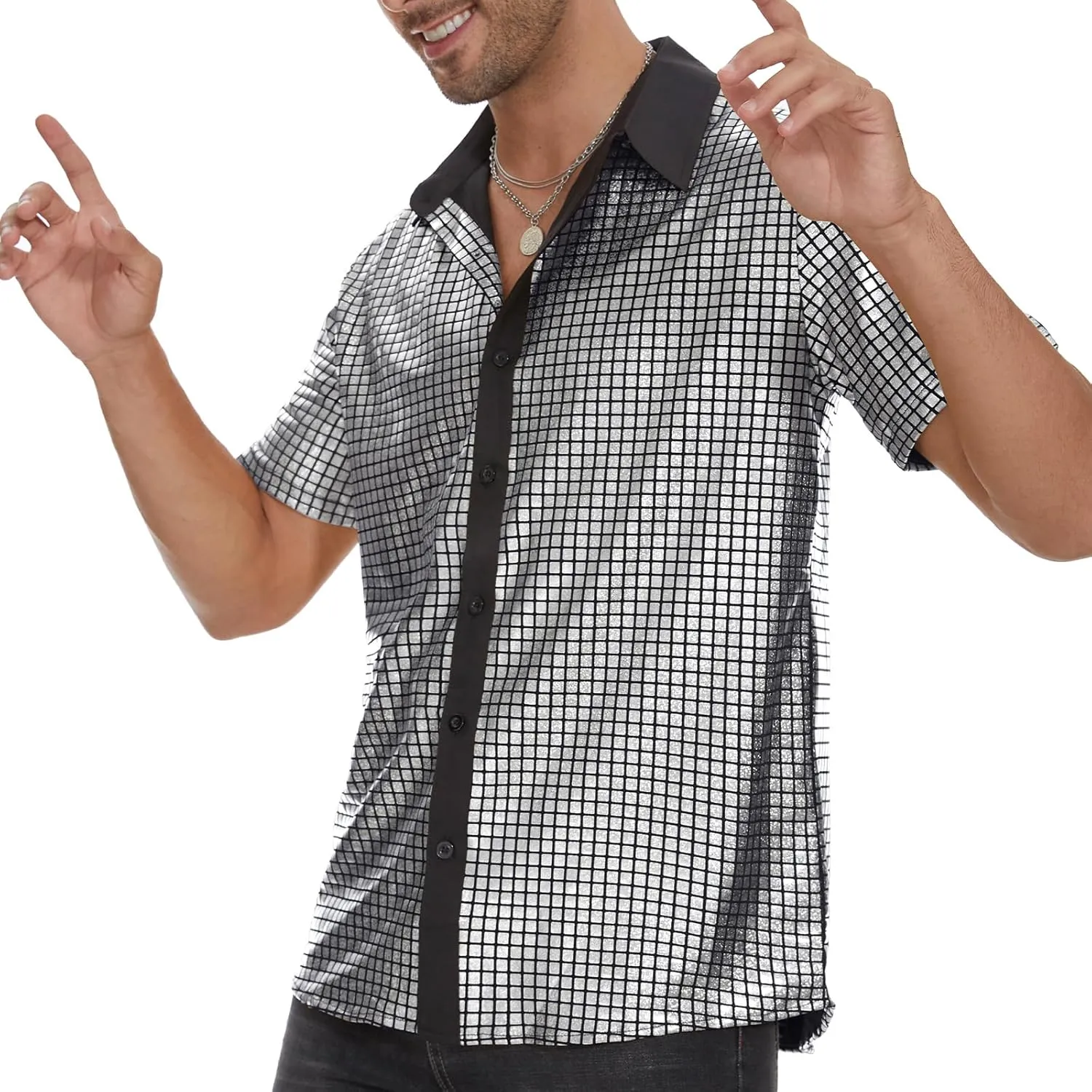 Mens 70S Disco Outfits Sequin Shirt Short Sleeve Button Down Shirts Party Novelty Shirts Nightclub Christmas Prom Costume