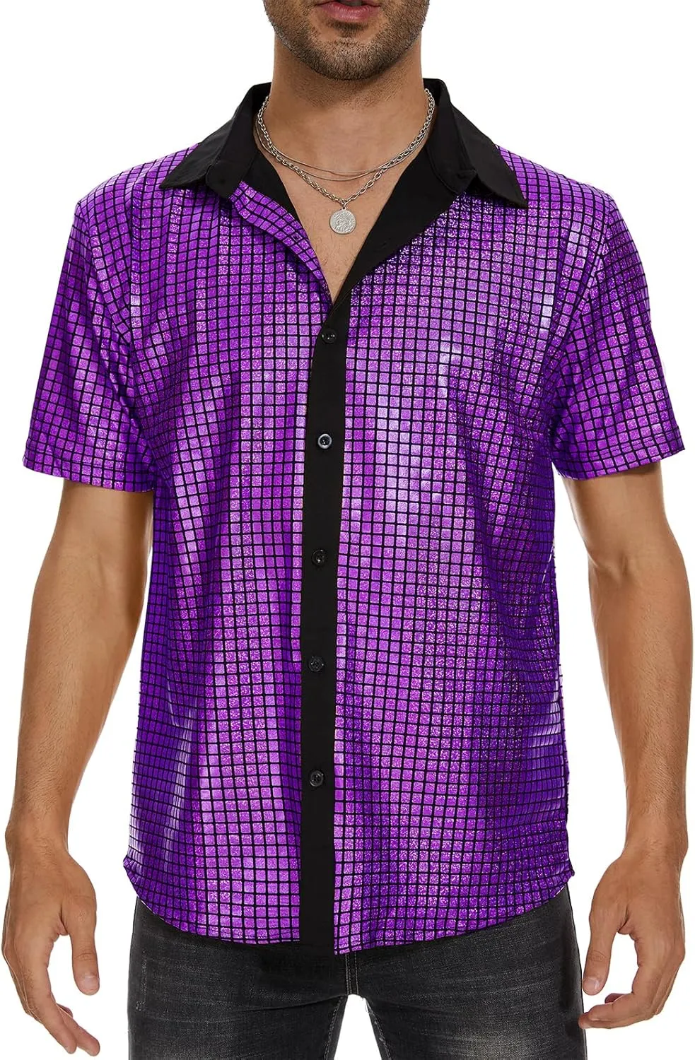 Mens 70S Disco Outfits Sequin Shirt Short Sleeve Button Down Shirts Party Novelty Shirts Nightclub Christmas Prom Costume