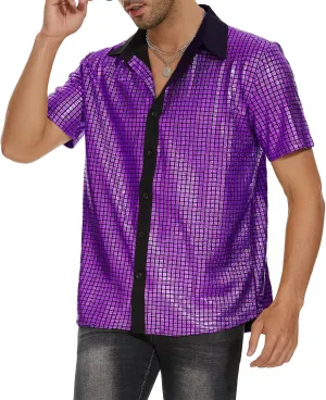 Mens 70S Disco Outfits Sequin Shirt Short Sleeve Button Down Shirts Party Novelty Shirts Nightclub Christmas Prom Costume
