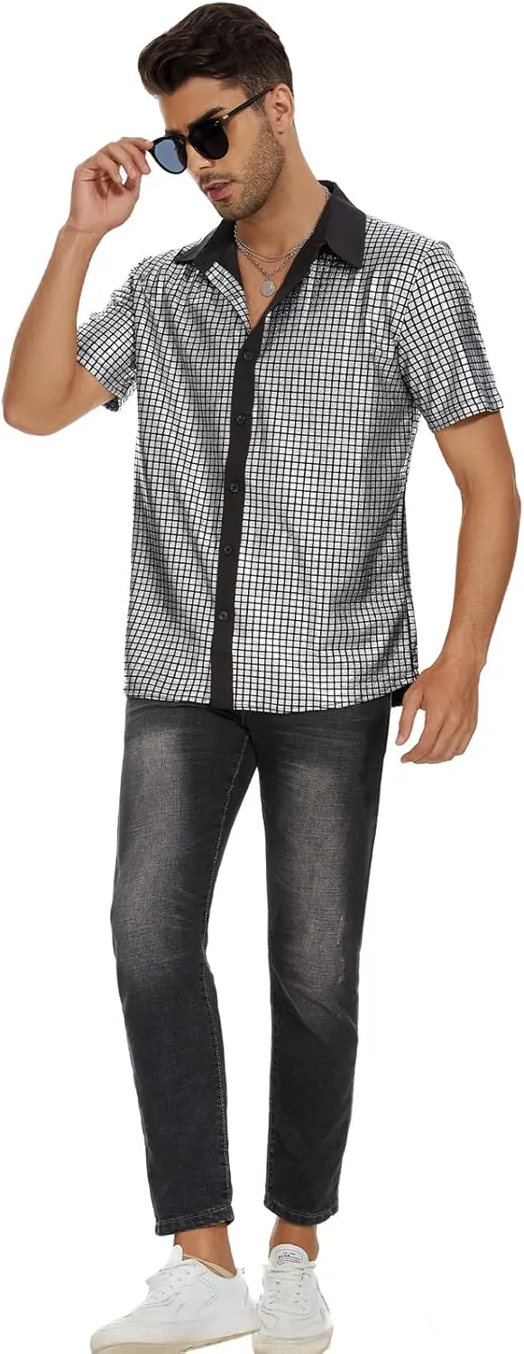 Mens 70S Disco Outfits Sequin Shirt Short Sleeve Button Down Shirts Party Novelty Shirts Nightclub Christmas Prom Costume