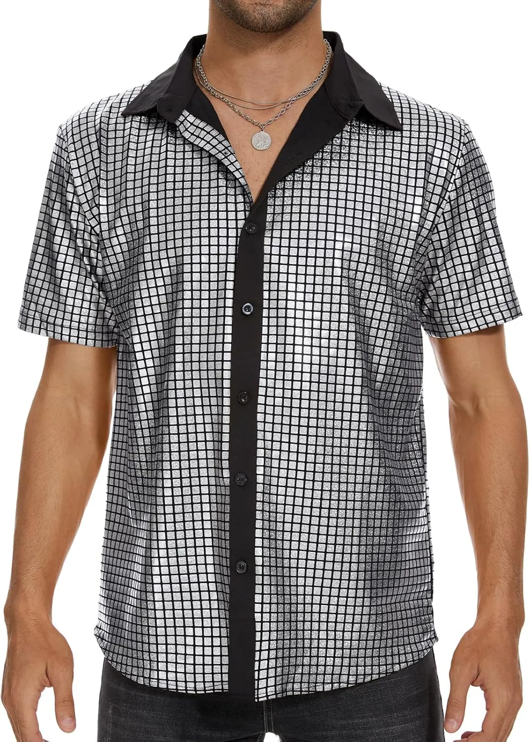 Mens 70S Disco Outfits Sequin Shirt Short Sleeve Button Down Shirts Party Novelty Shirts Nightclub Christmas Prom Costume