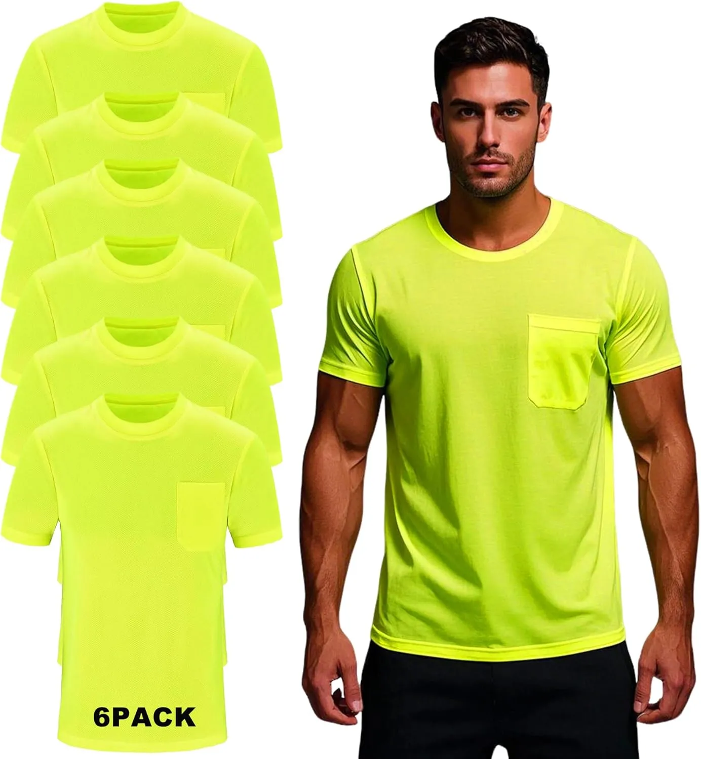 Mens’ High Visibility Safety Short Sleeve T-Shirt with Pocket Moisture Wicking Shirts,Multipack
