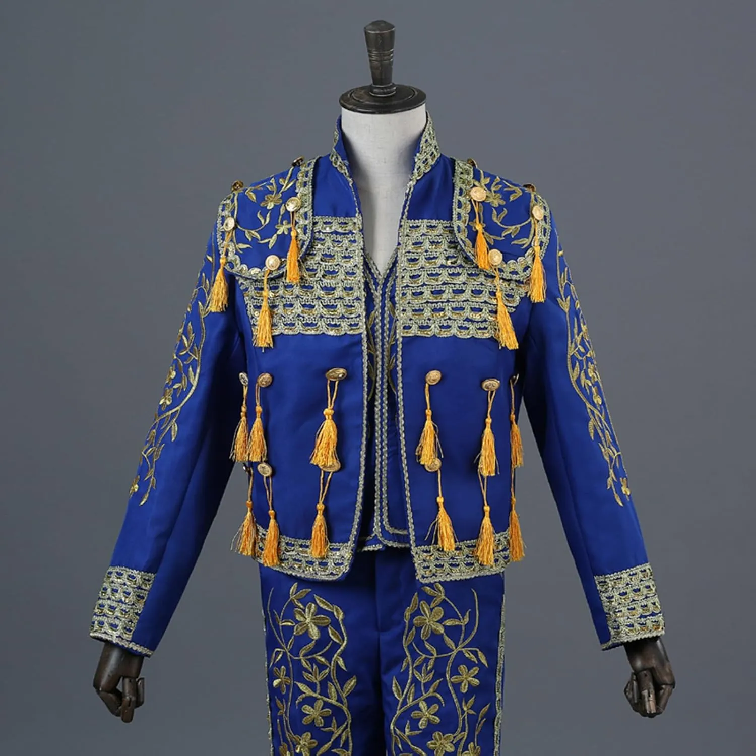 Men's Matador Costume, 3-Piece Set Adult Bullfighter Outfit Stage Court Performance Costume Parties, Embroidered Tassel with Jacket Pant Vest,XL,Blue