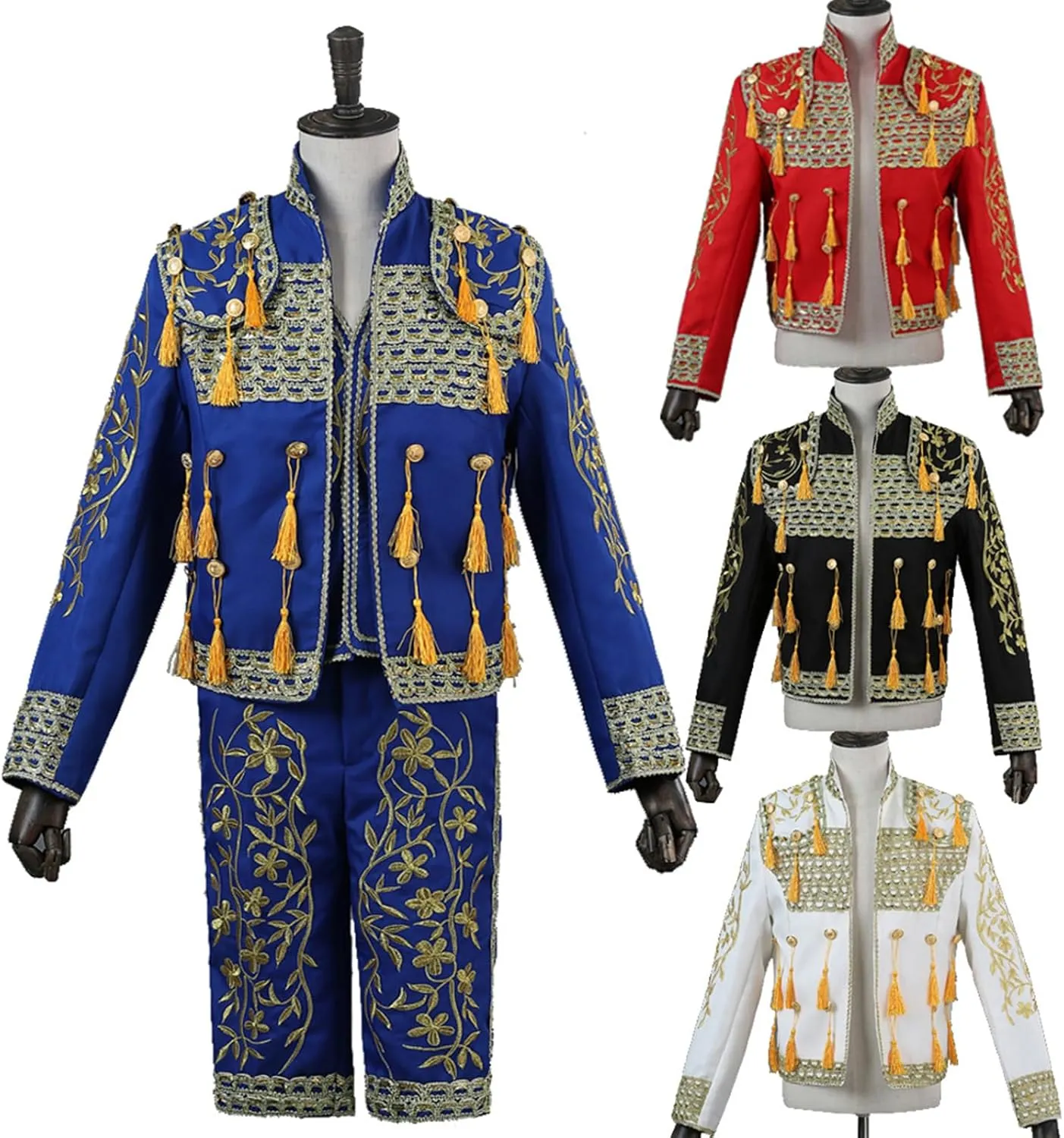 Men's Matador Costume, 3-Piece Set Adult Bullfighter Outfit Stage Court Performance Costume Parties, Embroidered Tassel with Jacket Pant Vest,XL,Blue