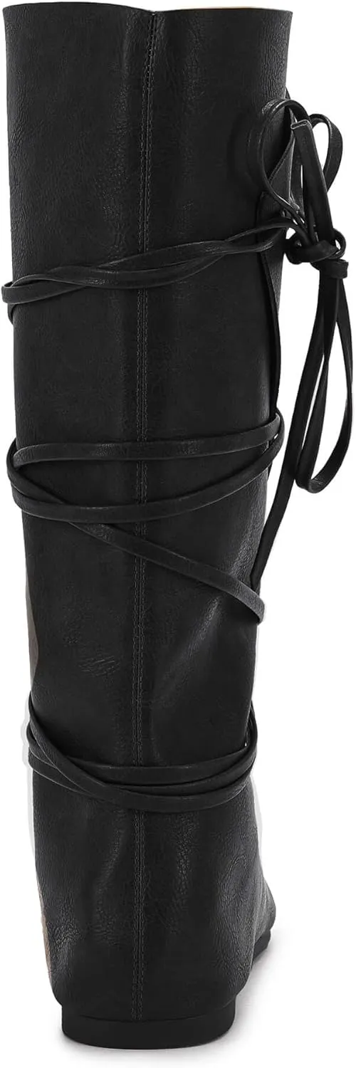 Mens Renaissance Medieval Cosplay Halloween Boots Faux Leather Mid Calf Lace Up Vintage Stage Pirate Viking Tied Shoes