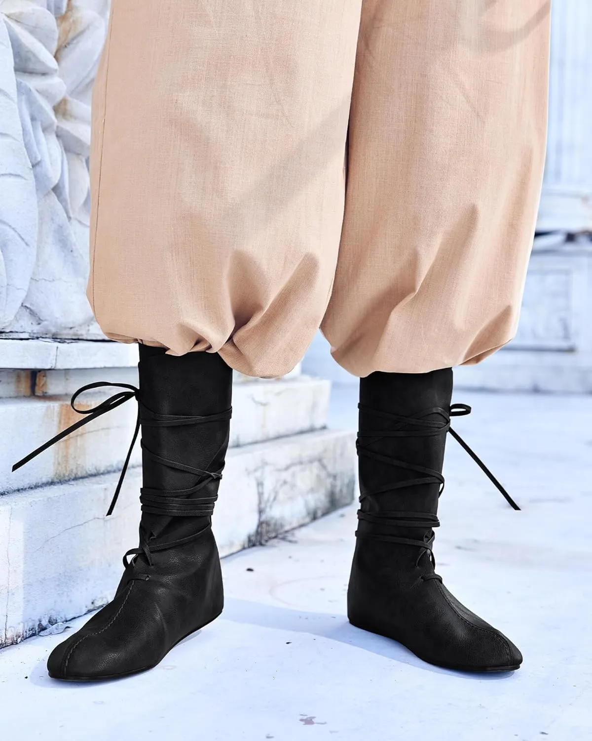 Mens Renaissance Medieval Cosplay Halloween Boots Faux Leather Mid Calf Lace Up Vintage Stage Pirate Viking Tied Shoes