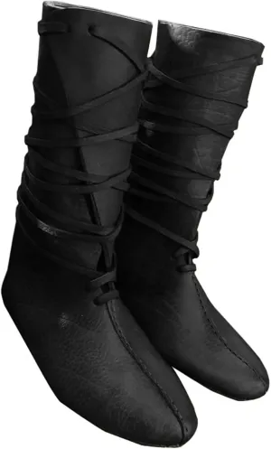 Mens Renaissance Medieval Cosplay Halloween Boots Faux Leather Mid Calf Lace Up Vintage Stage Pirate Viking Tied Shoes