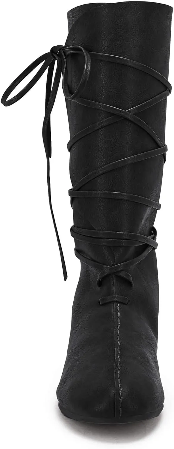 Mens Renaissance Medieval Cosplay Halloween Boots Faux Leather Mid Calf Lace Up Vintage Stage Pirate Viking Tied Shoes