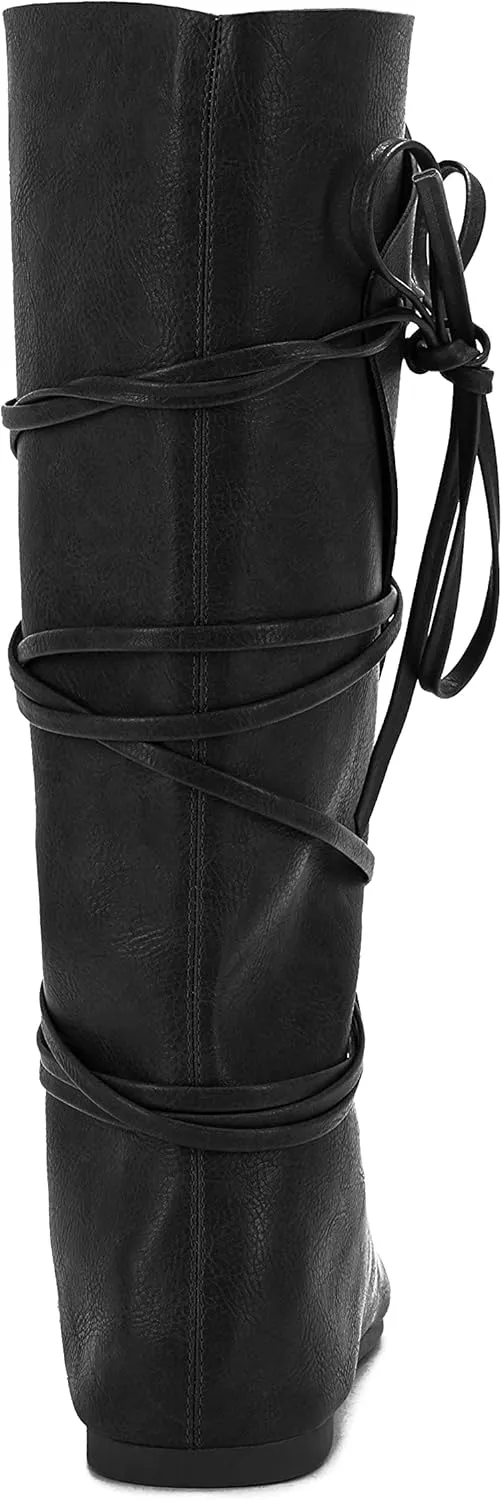 Mens Renaissance Medieval Cosplay Halloween Boots Faux Leather Mid Calf Lace Up Vintage Stage Pirate Viking Tied Shoes