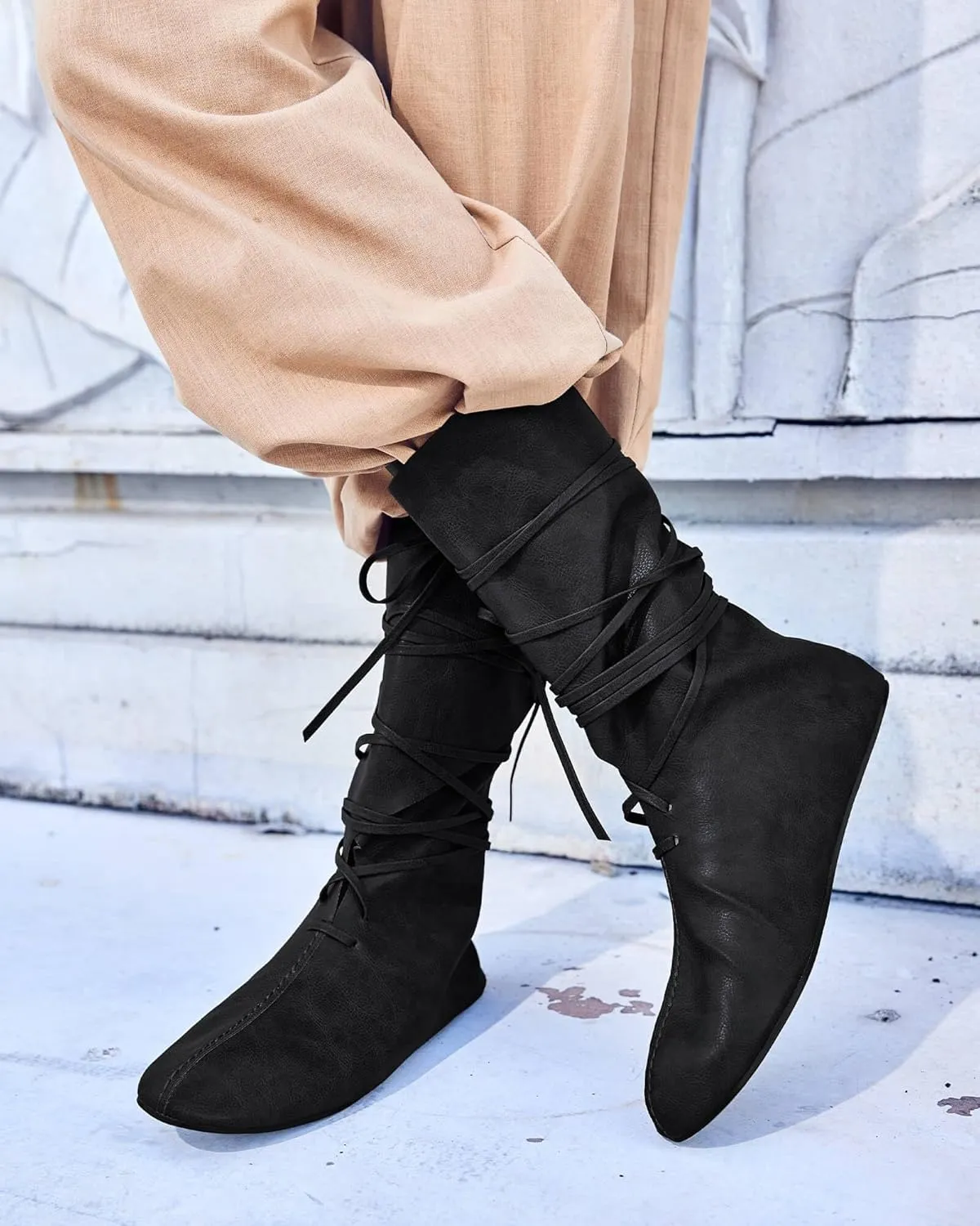 Mens Renaissance Medieval Cosplay Halloween Boots Faux Leather Mid Calf Lace Up Vintage Stage Pirate Viking Tied Shoes