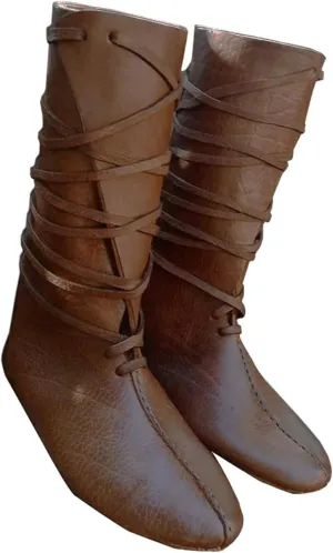 Mens Renaissance Medieval Cosplay Halloween Boots Faux Leather Mid Calf Lace Up Vintage Stage Pirate Viking Tied Shoes