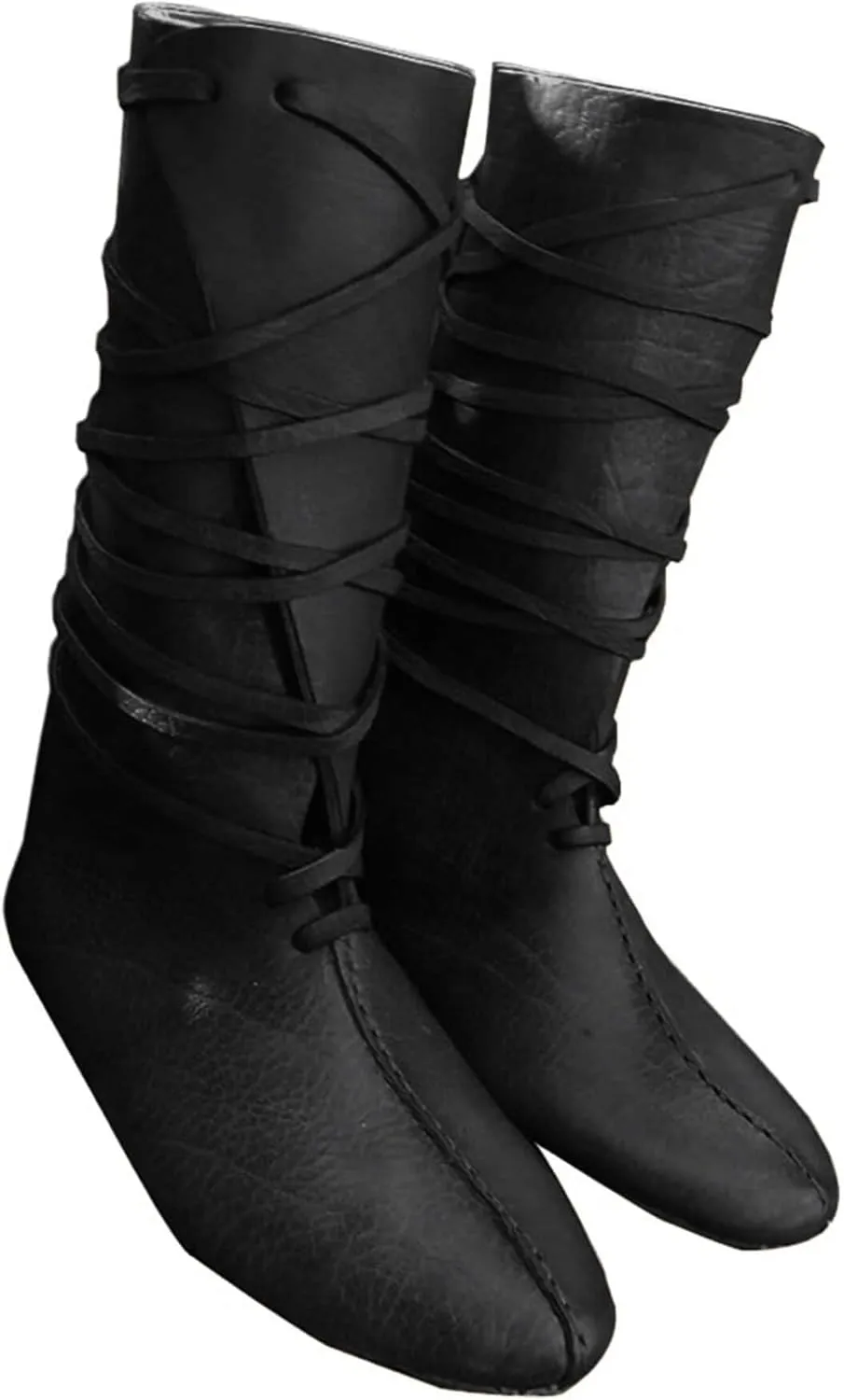 Mens Renaissance Medieval Cosplay Halloween Boots Faux Leather Mid Calf Lace Up Vintage Stage Pirate Viking Tied Shoes