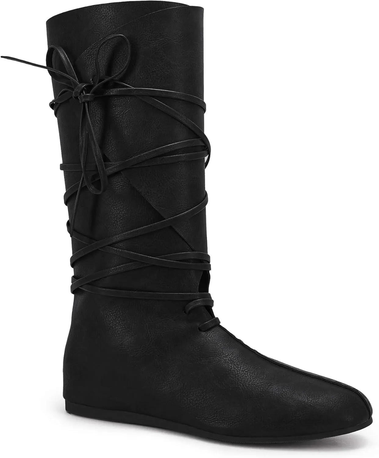 Mens Renaissance Medieval Cosplay Halloween Boots Faux Leather Mid Calf Lace Up Vintage Stage Pirate Viking Tied Shoes