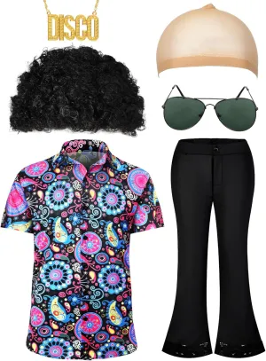 Mepase 6 Pcs Men 70s Disco Costumes Include Retro Shirt Bell Bottom Pants Sunglasses Necklace for Disco Party
