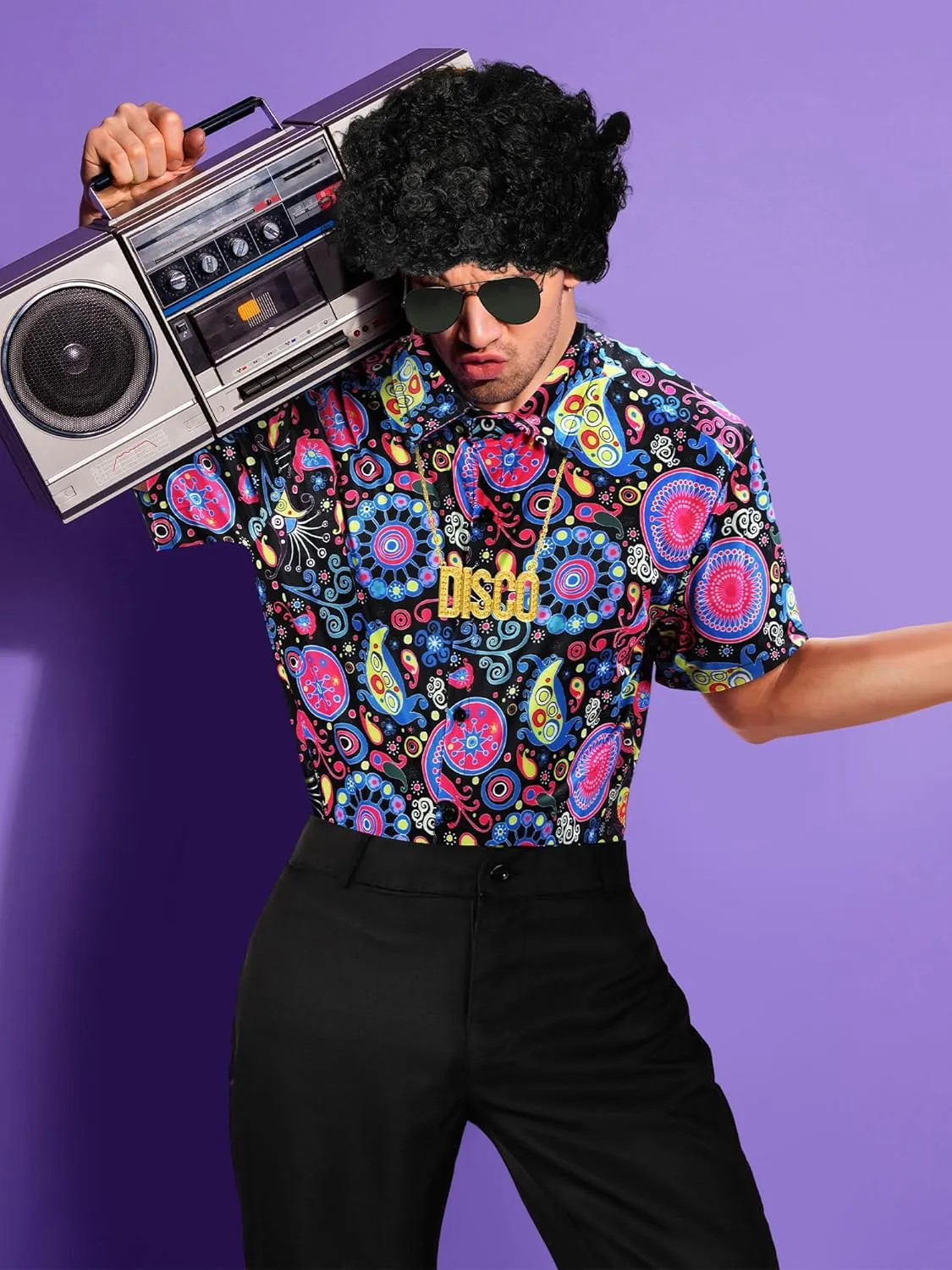 Mepase 6 Pcs Men 70s Disco Costumes Include Retro Shirt Bell Bottom Pants Sunglasses Necklace for Disco Party