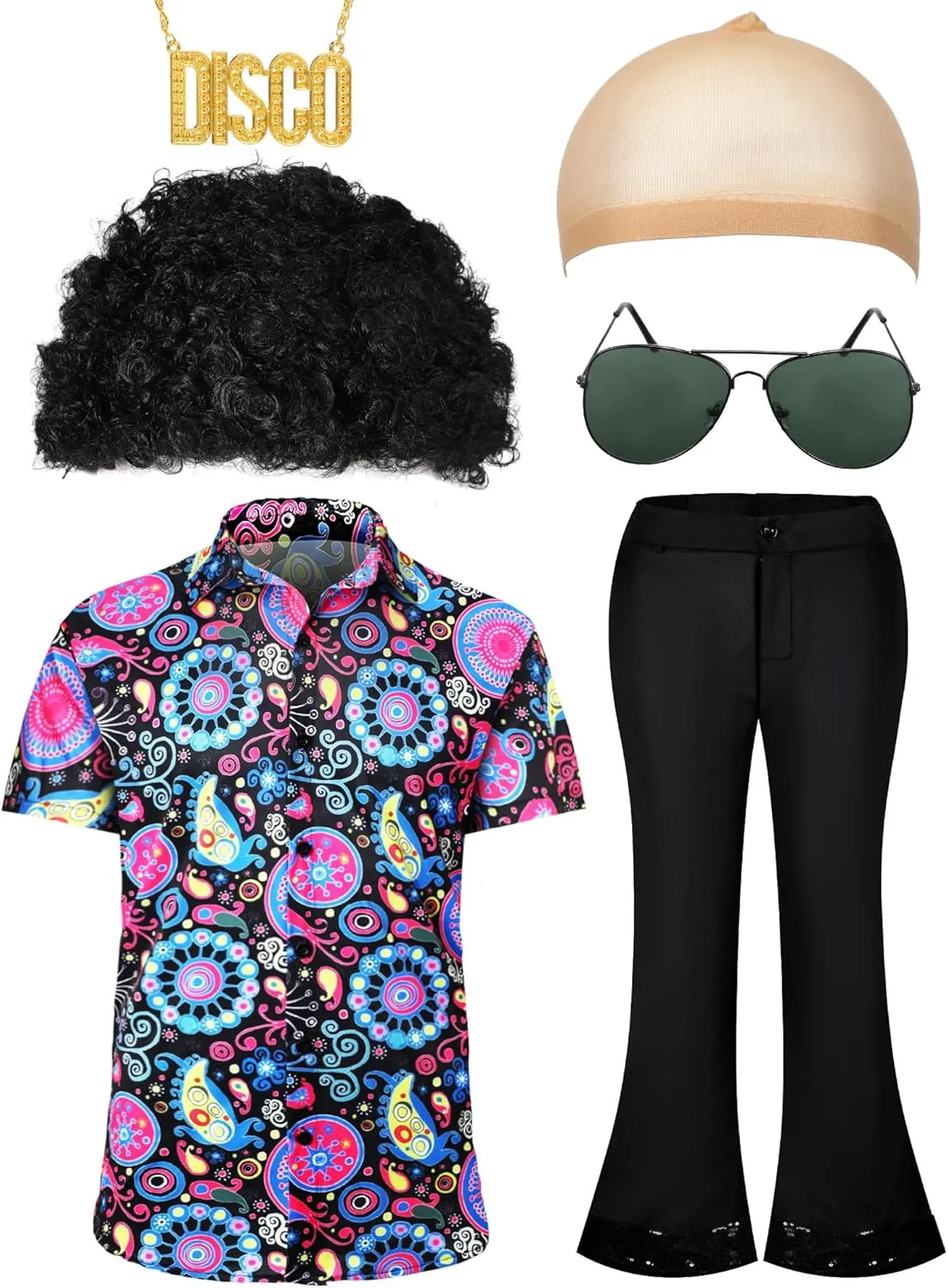 Mepase 6 Pcs Men 70s Disco Costumes Include Retro Shirt Bell Bottom Pants Sunglasses Necklace for Disco Party