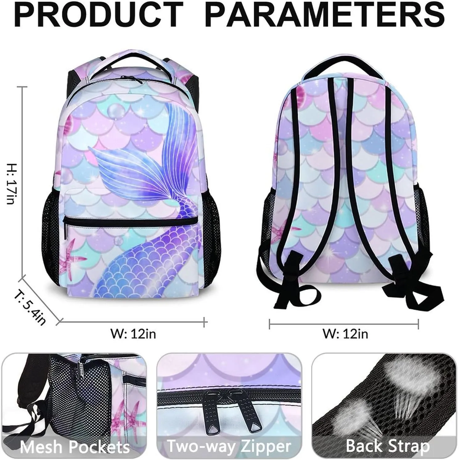 Mermaid Tail Backpack, Cute Kids Backpack, Schoolbag for Girls 6-8, 17 Inch Girls Student Bookbag for Travel Picnic School Preschool Elementary Kindergarten