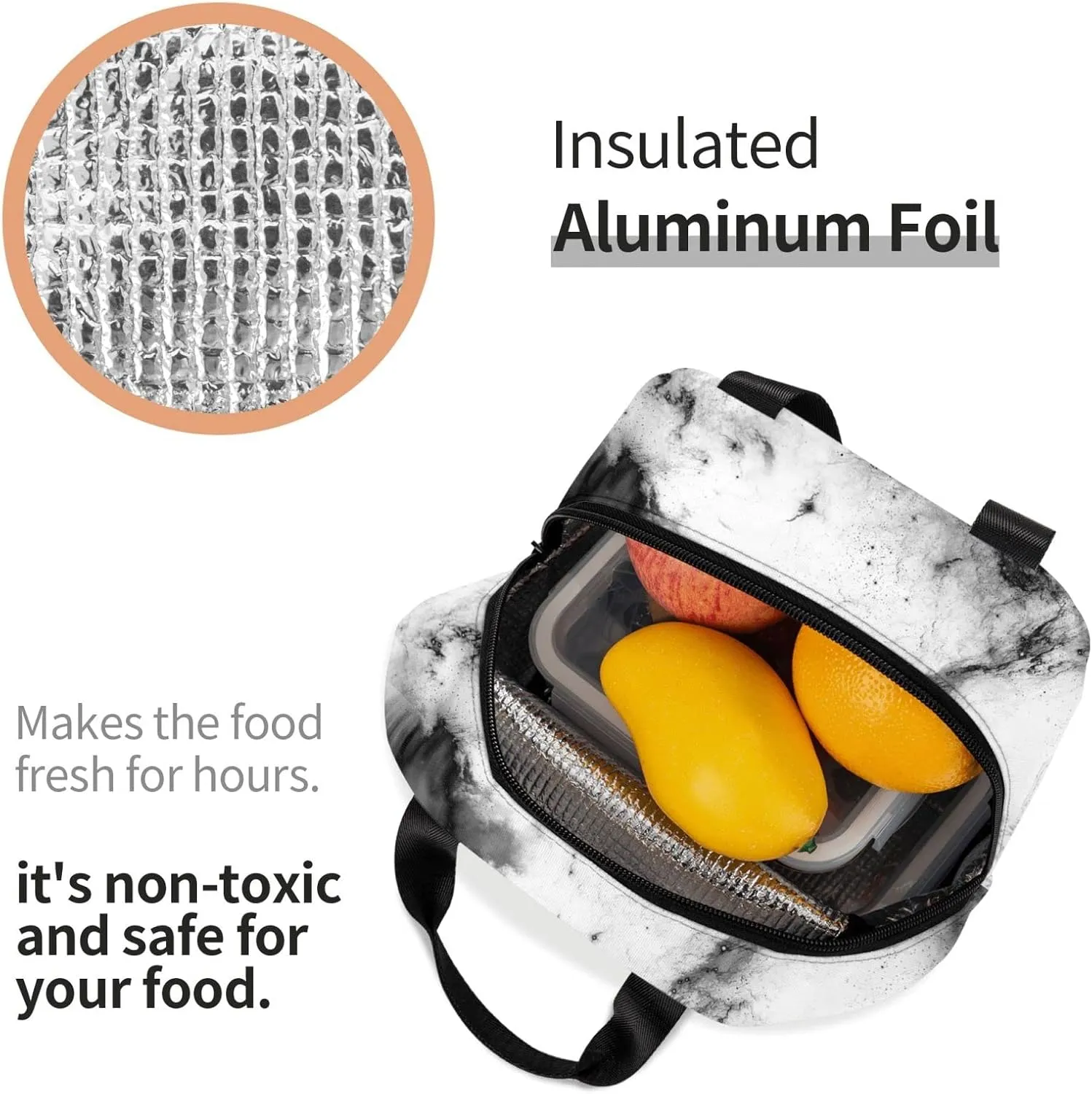 Miaoquhe White Marble Insulated Lunch Bags for Women Men Girls Kids, White Lunch Box Lunch Container Insulated Zipper Meal Handbag Portable Lunch Bag for School Office Travel Picnic
